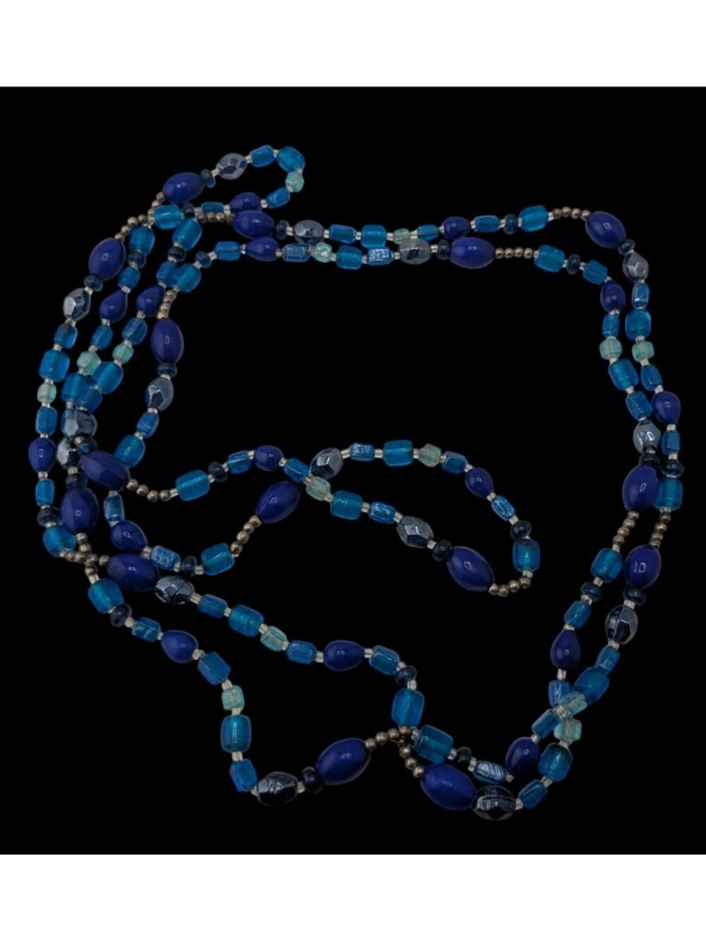 Boho Y2K Long Blue Glass Beaded Necklace Cobalt Aqua Mixed Beads